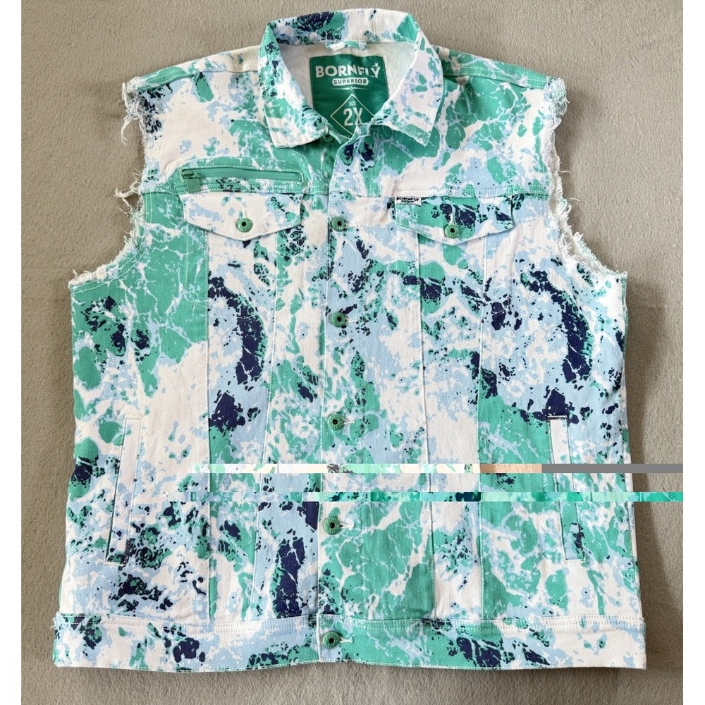 Bornfly Denim Vest Mens 2XL Tie Dye Sleeveless Trucker Streetwear Jacket Grunge